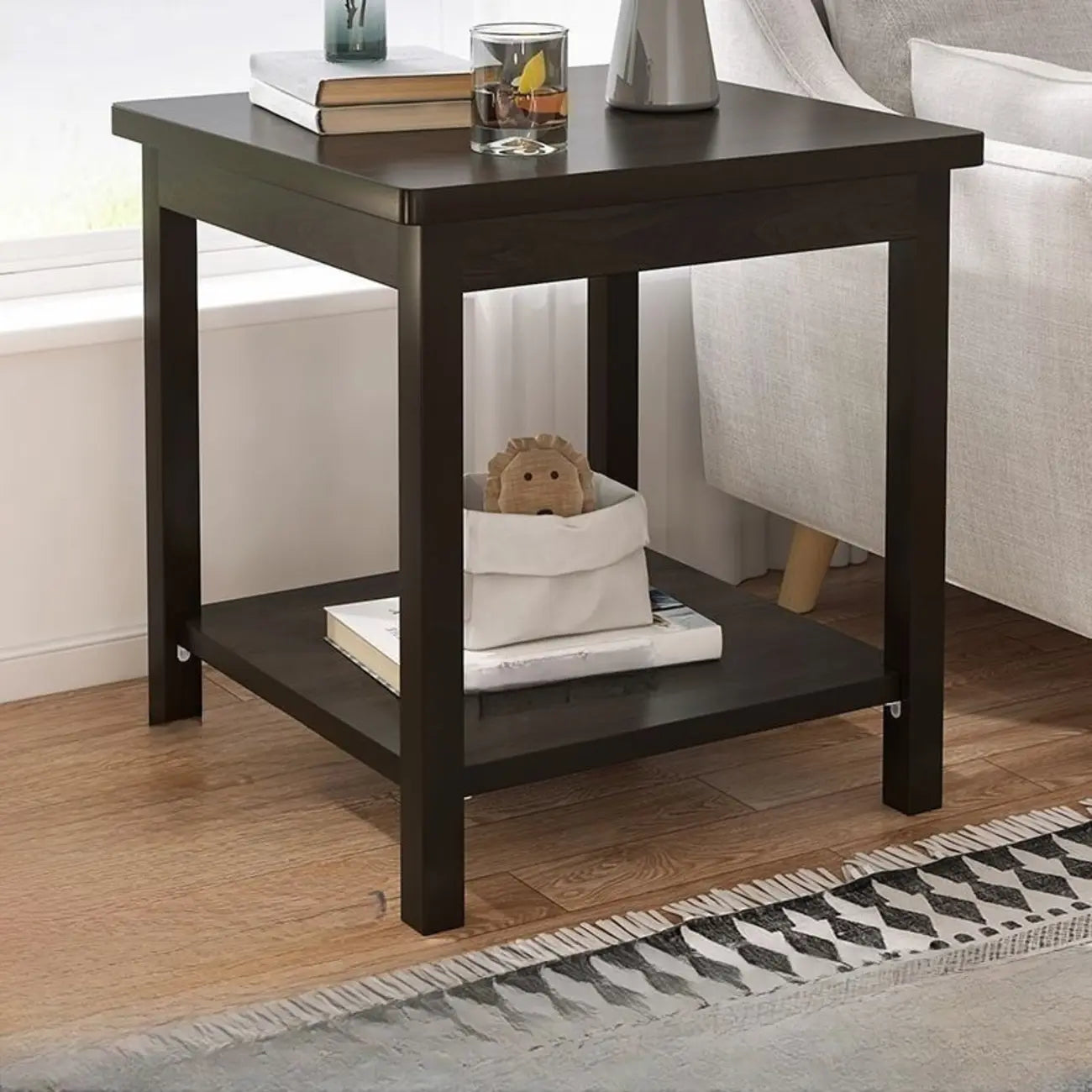 Table d'appoint minimaliste en bois noir avec rangement pour salon