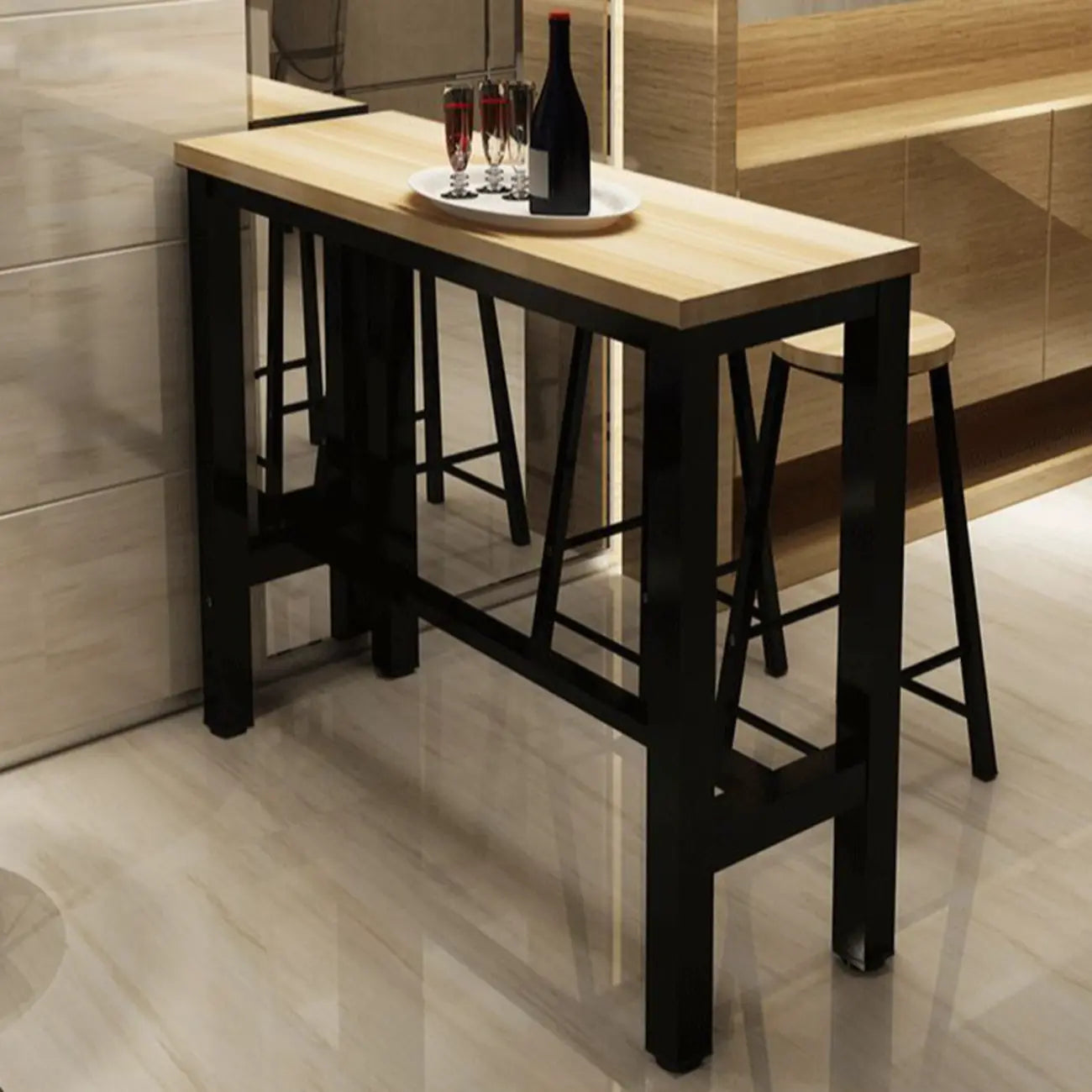 Table de bar moderne avec plateau en bois et pieds en métal