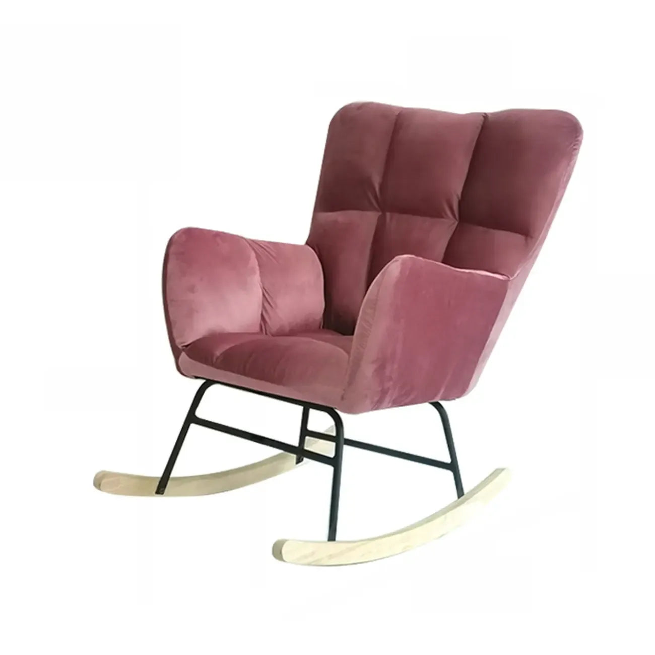 Fauteuil à bascule en bois rembourré de tissu technique avec accoudoirs encastrés