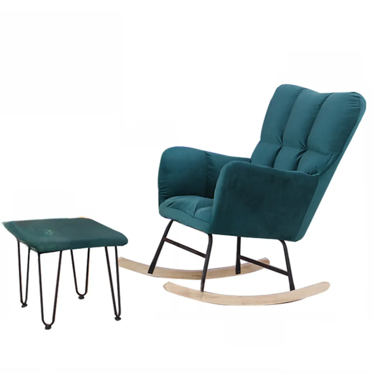 Fauteuil à bascule en bois rembourré de tissu technique avec accoudoirs encastrés
