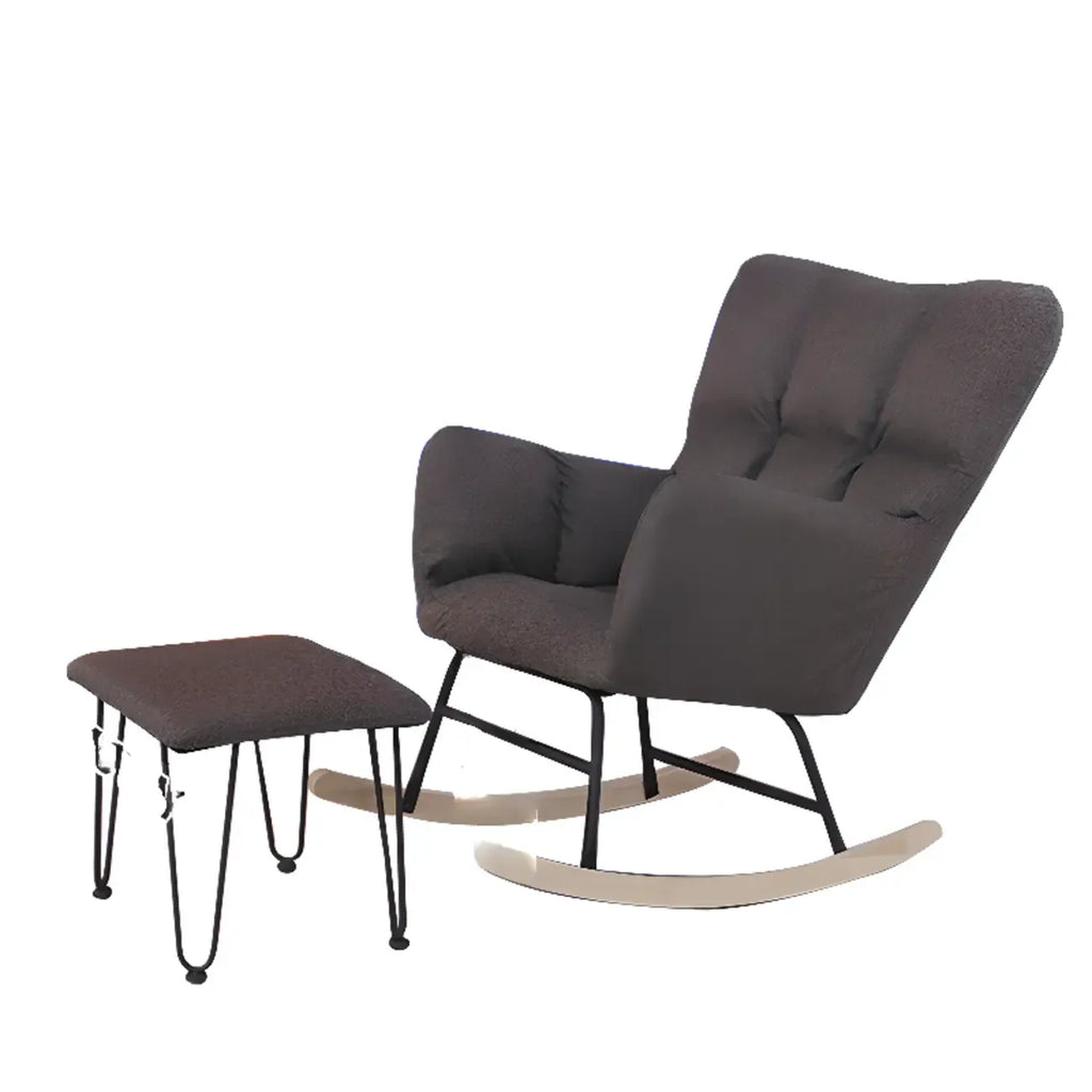 Fauteuil à bascule en bois rembourré de tissu technique avec accoudoirs encastrés