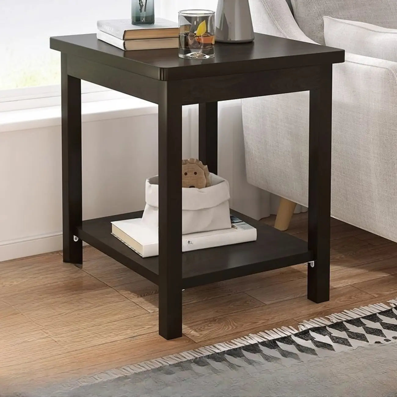 Table d'appoint minimaliste en bois noir avec rangement pour salon