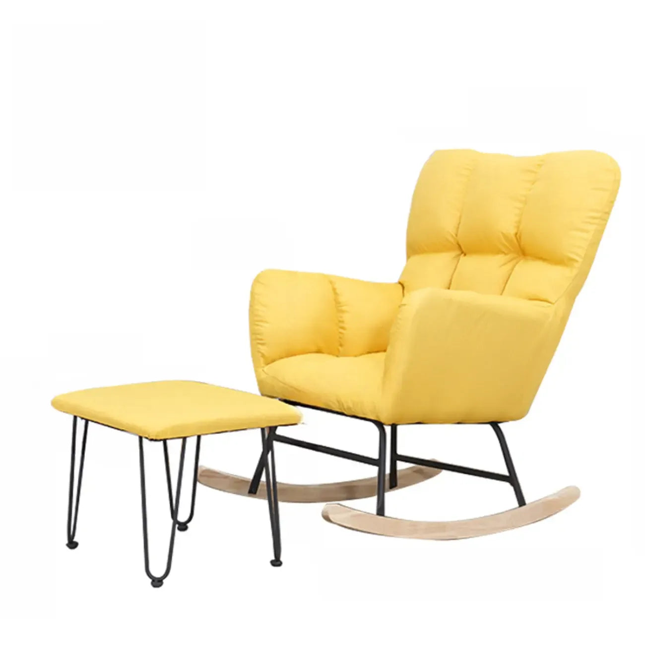 Fauteuil à bascule en bois rembourré de tissu technique avec accoudoirs encastrés