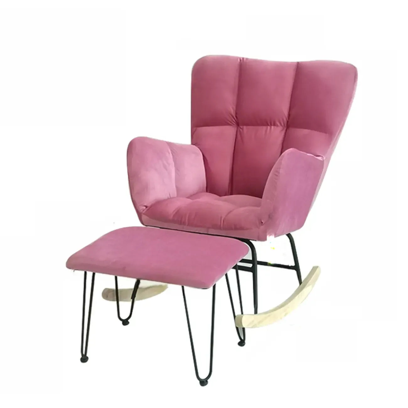 Fauteuil à bascule en bois rembourré de tissu technique avec accoudoirs encastrés