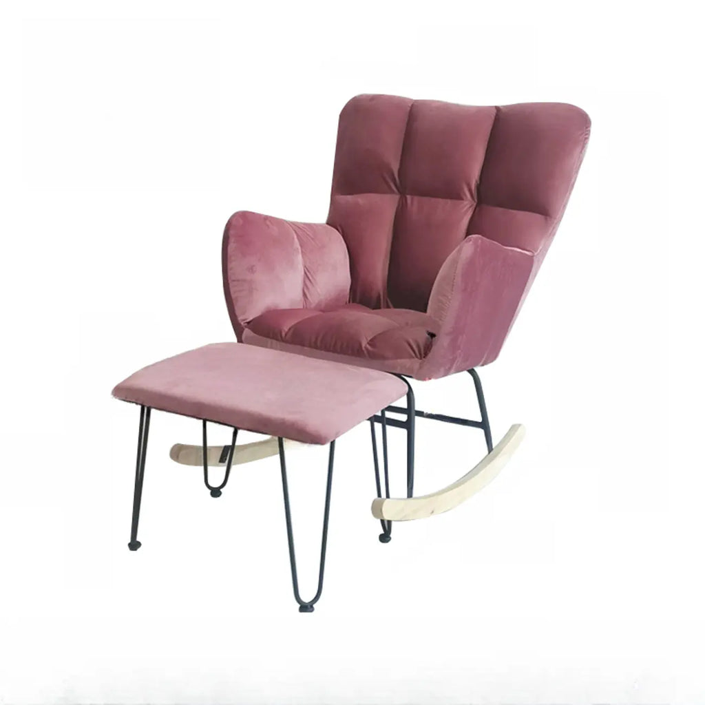 Fauteuil à bascule en bois rembourré de tissu technique avec accoudoirs encastrés