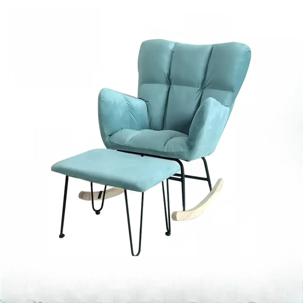 Fauteuil à bascule en bois rembourré de tissu technique avec accoudoirs encastrés