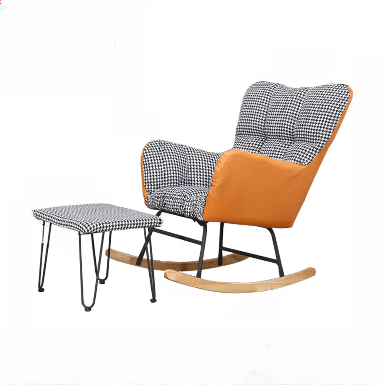 Fauteuil à bascule en bois rembourré de tissu technique avec accoudoirs encastrés