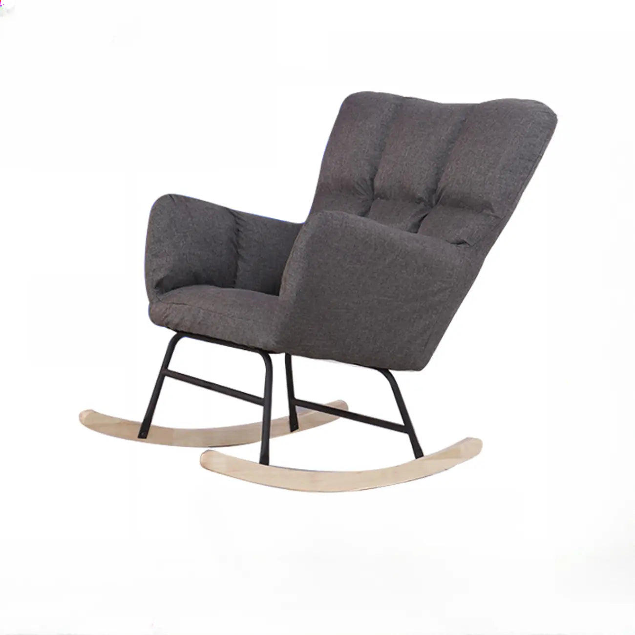 Fauteuil à bascule en bois rembourré de tissu technique avec accoudoirs encastrés