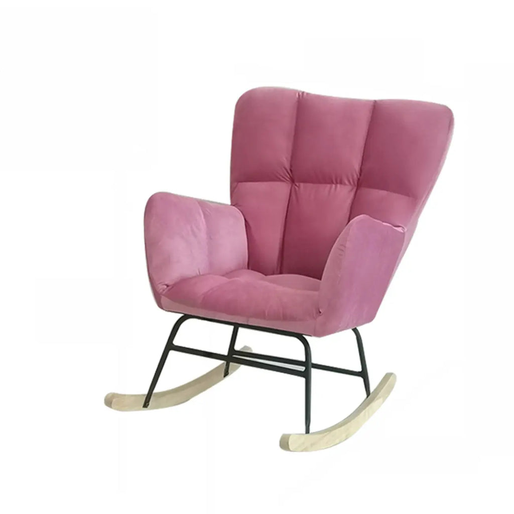 Fauteuil à bascule en bois rembourré de tissu technique avec accoudoirs encastrés