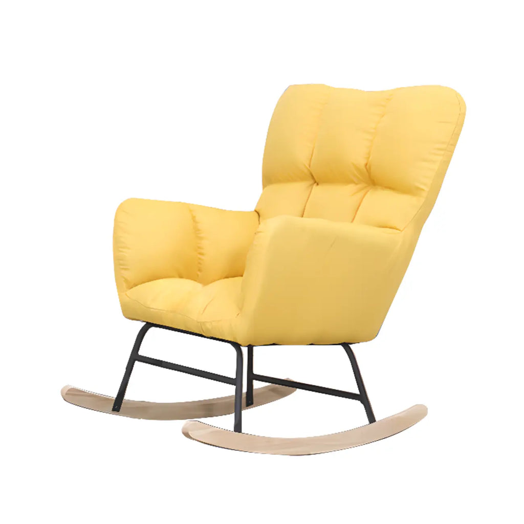 Fauteuil à bascule en bois rembourré de tissu technique avec accoudoirs encastrés