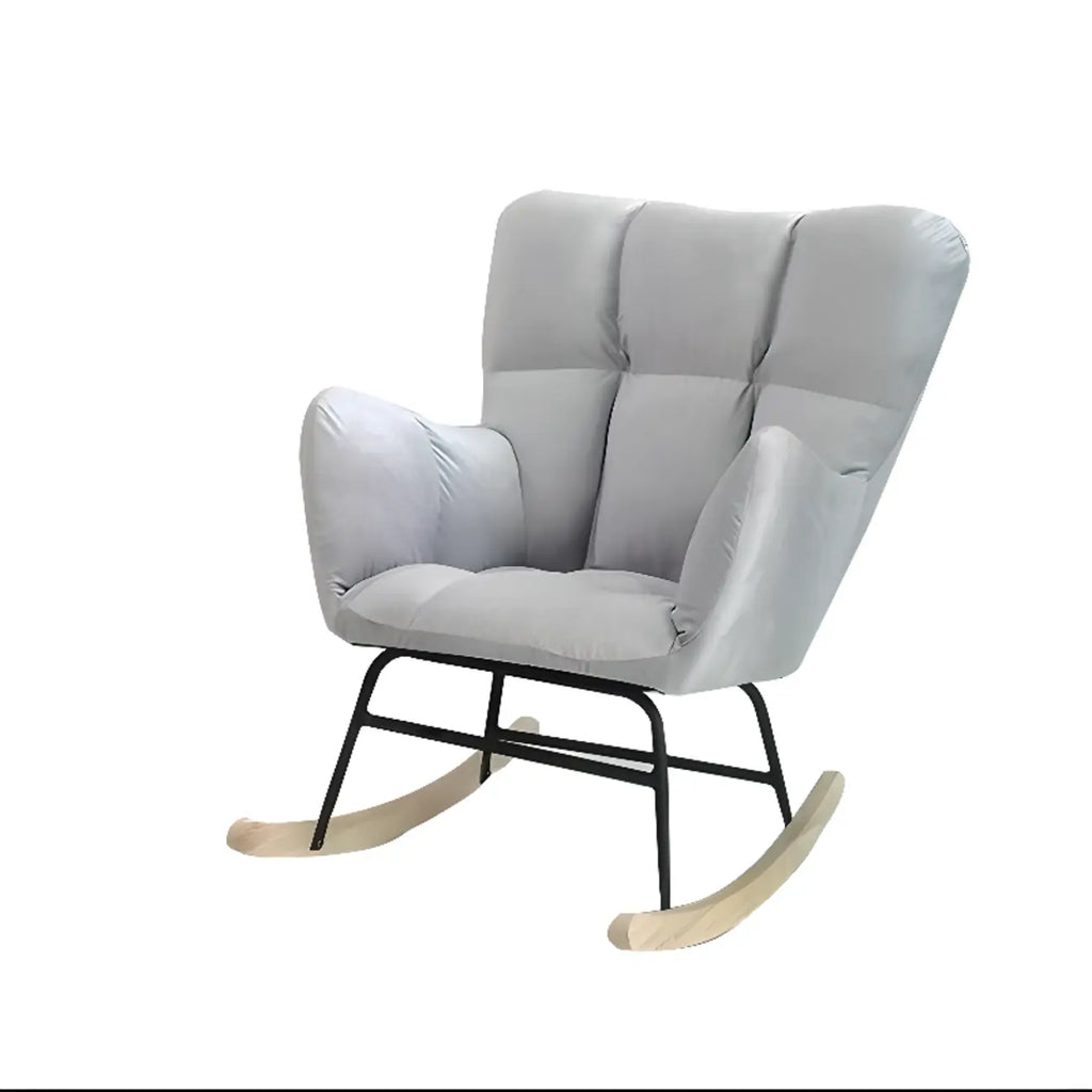 Fauteuil à bascule en bois rembourré de tissu technique avec accoudoirs encastrés