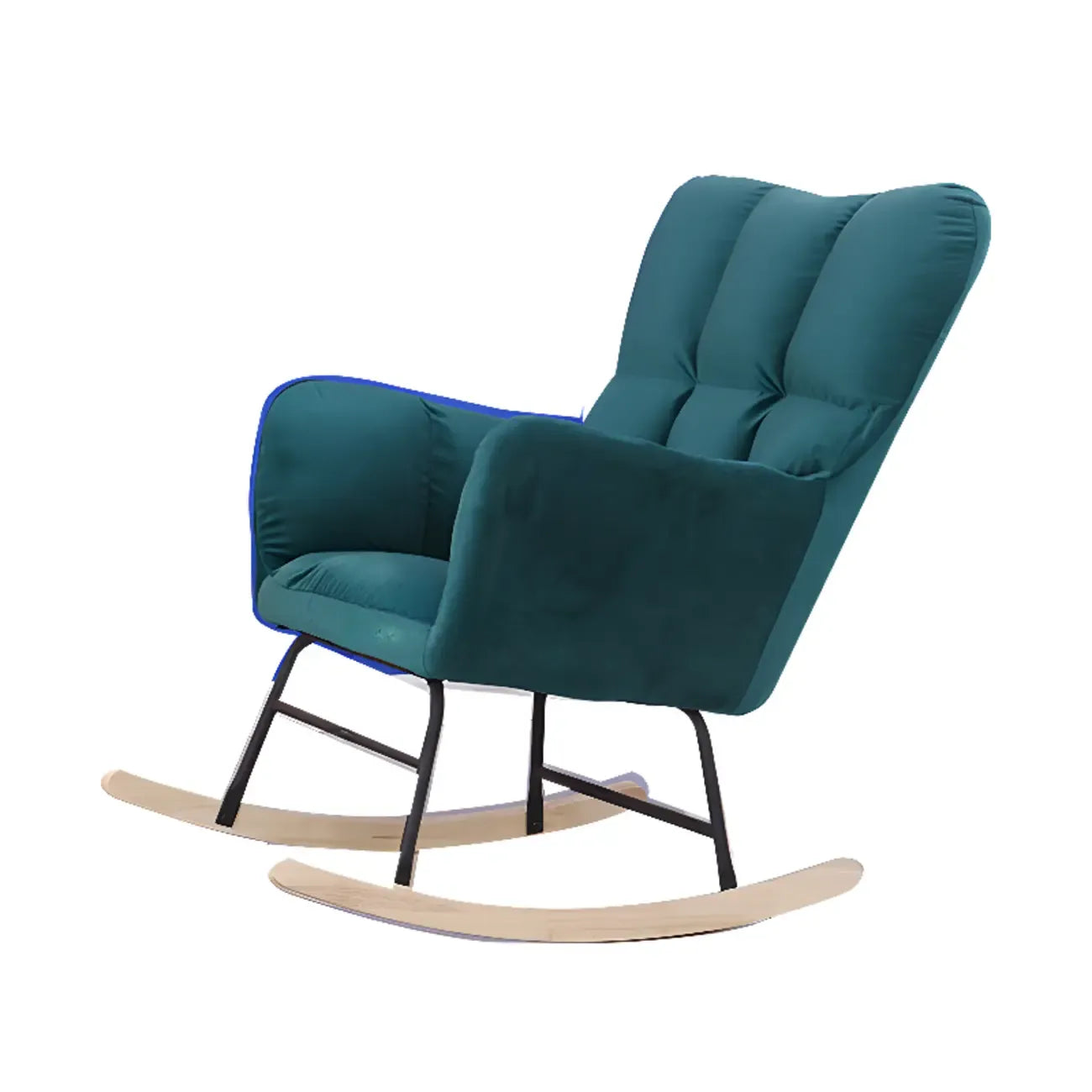 Fauteuil à bascule en bois rembourré de tissu technique avec accoudoirs encastrés