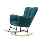 Fauteuil à bascule en bois rembourré de tissu technique avec accoudoirs encastrés