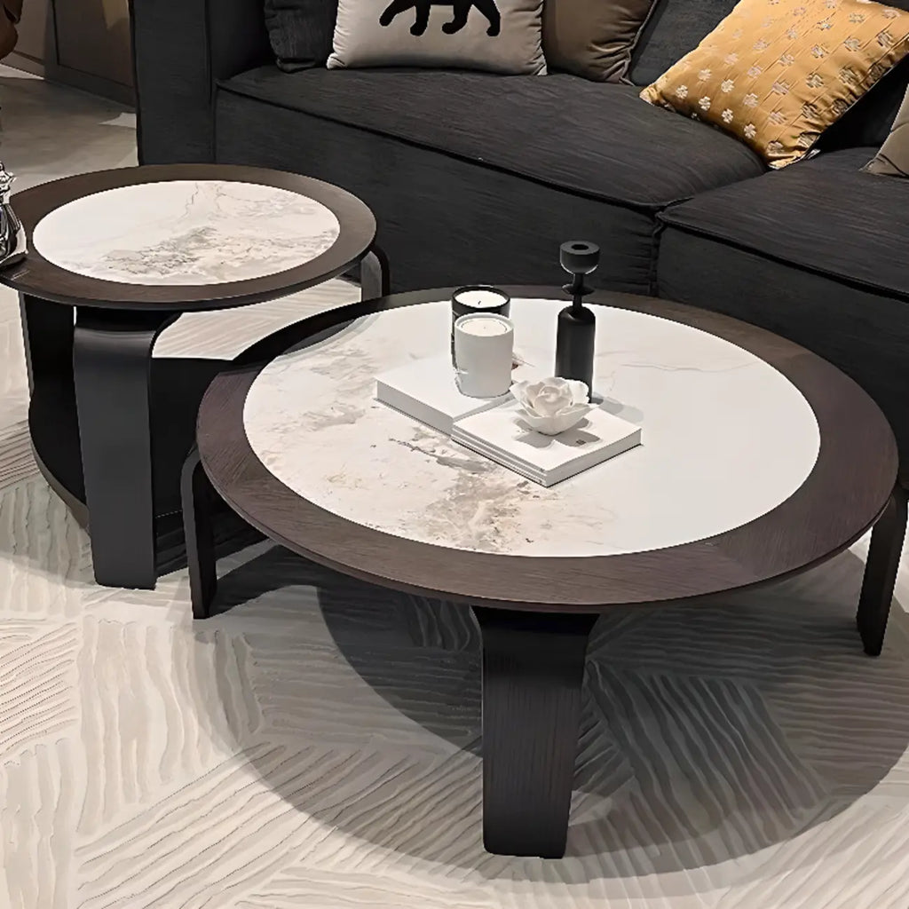 Ensemble de 2 tables basses gigognes rondes en marbre avec base en bois