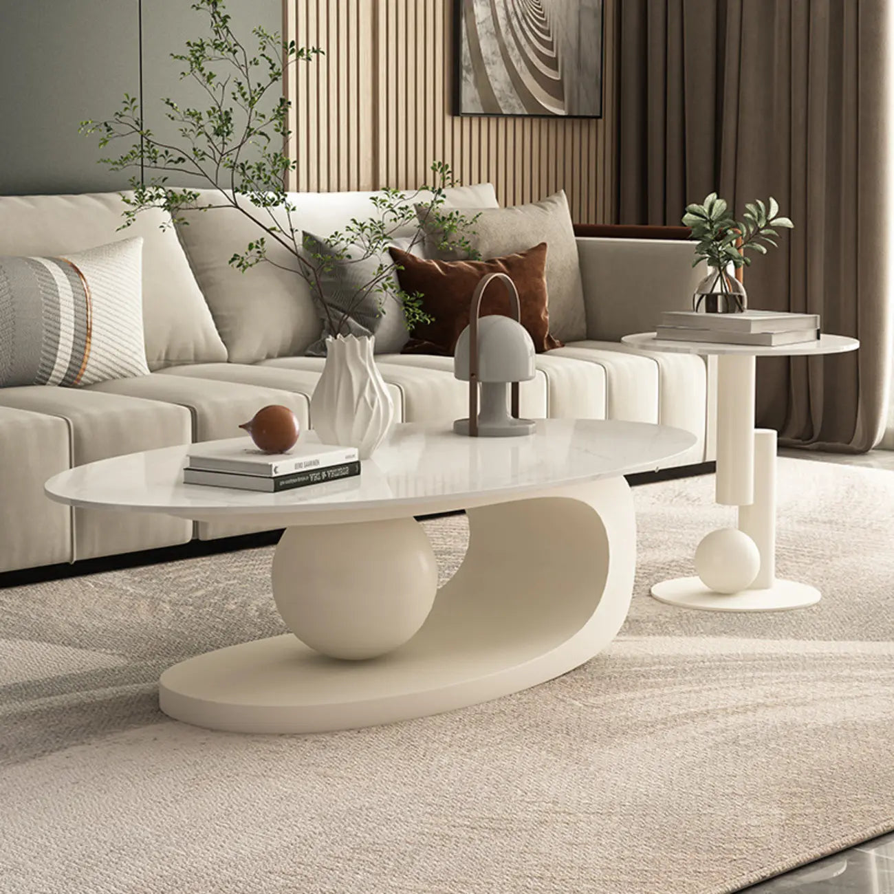 Table basse ovale blanche moderne et luxueuse avec piètement en métal