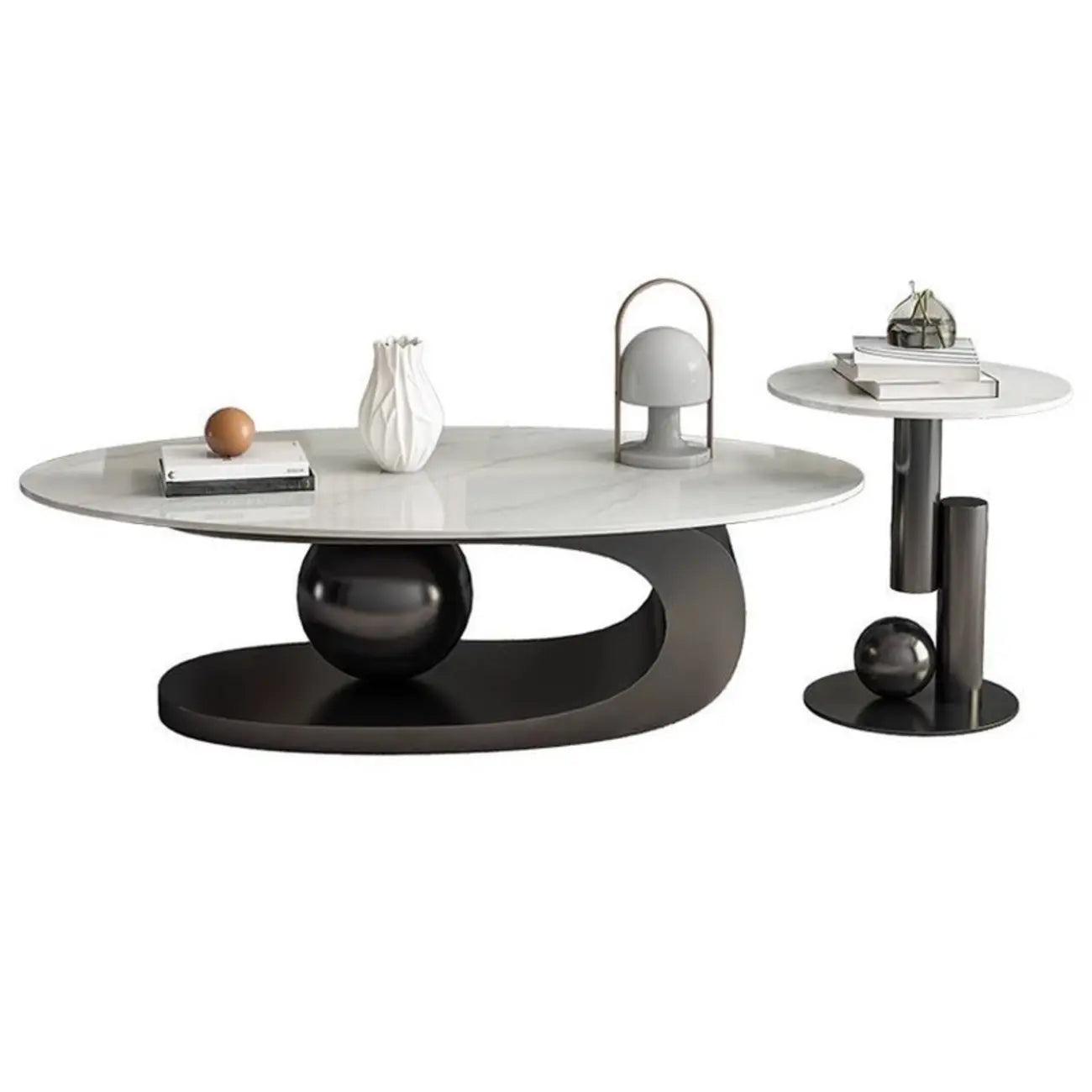 Table basse ovale blanche moderne et luxueuse avec piètement en métal