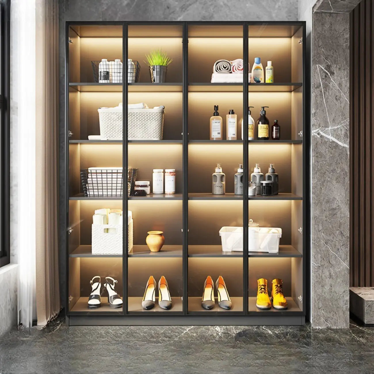 Vitrine autoportante en bois gris et verre avec éclairage