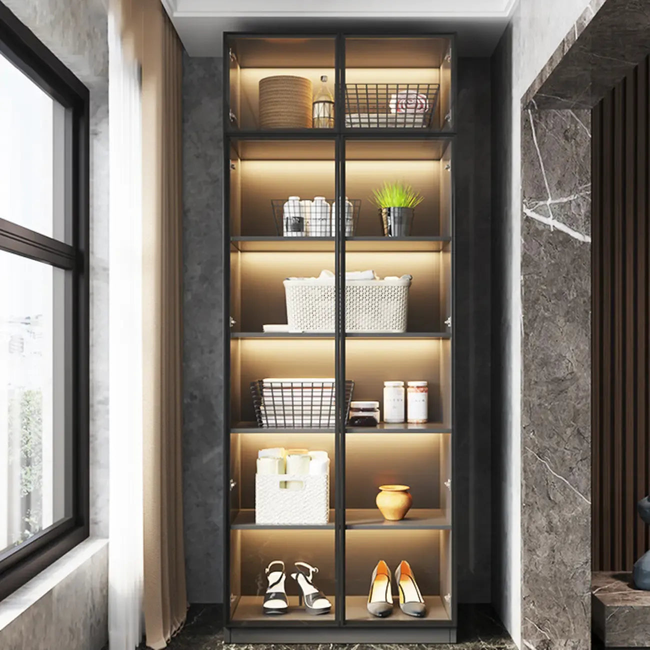 Vitrine autoportante en bois gris et verre avec éclairage
