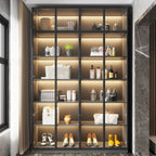 Vitrine autoportante en bois gris et verre avec éclairage