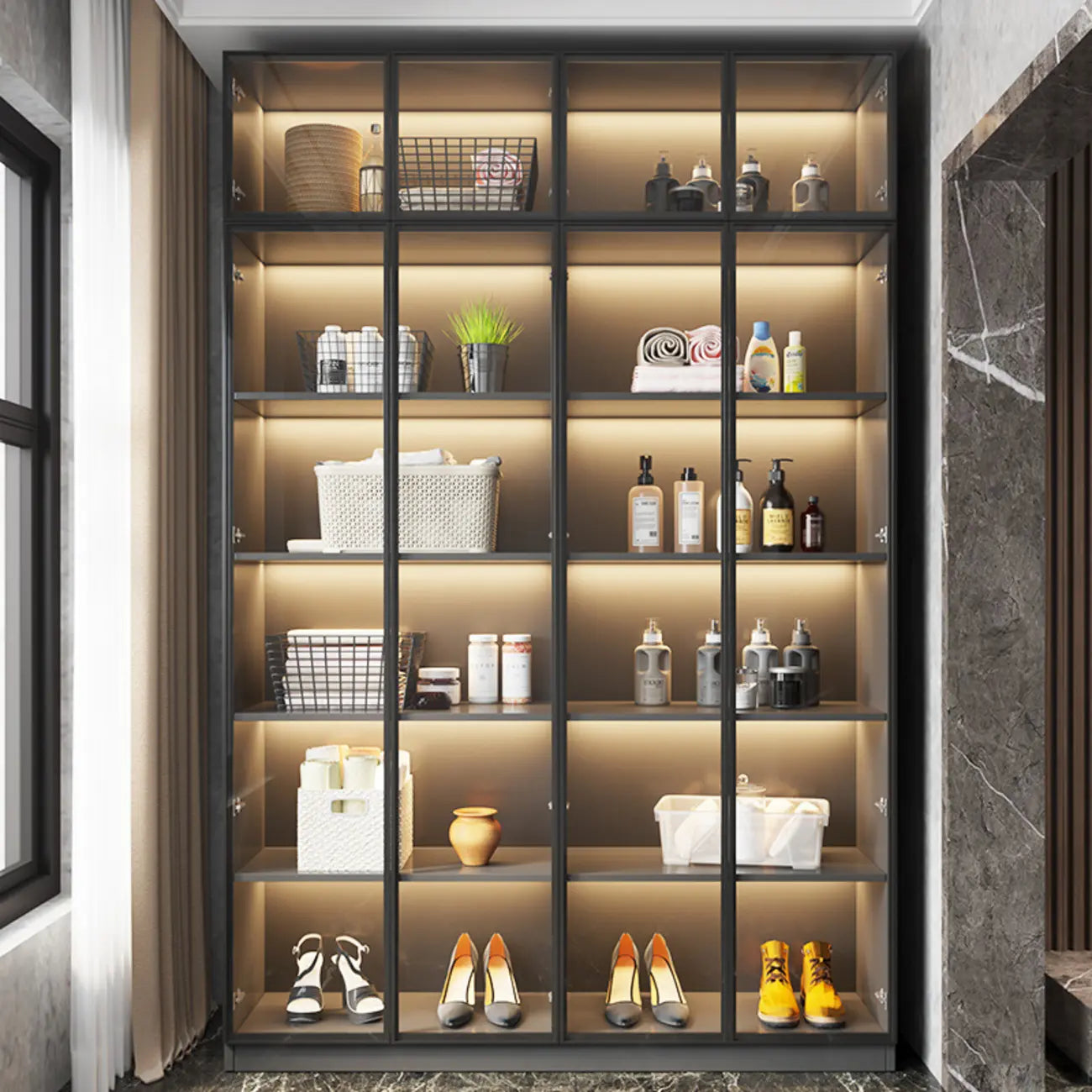 Vitrine autoportante en bois gris et verre avec éclairage