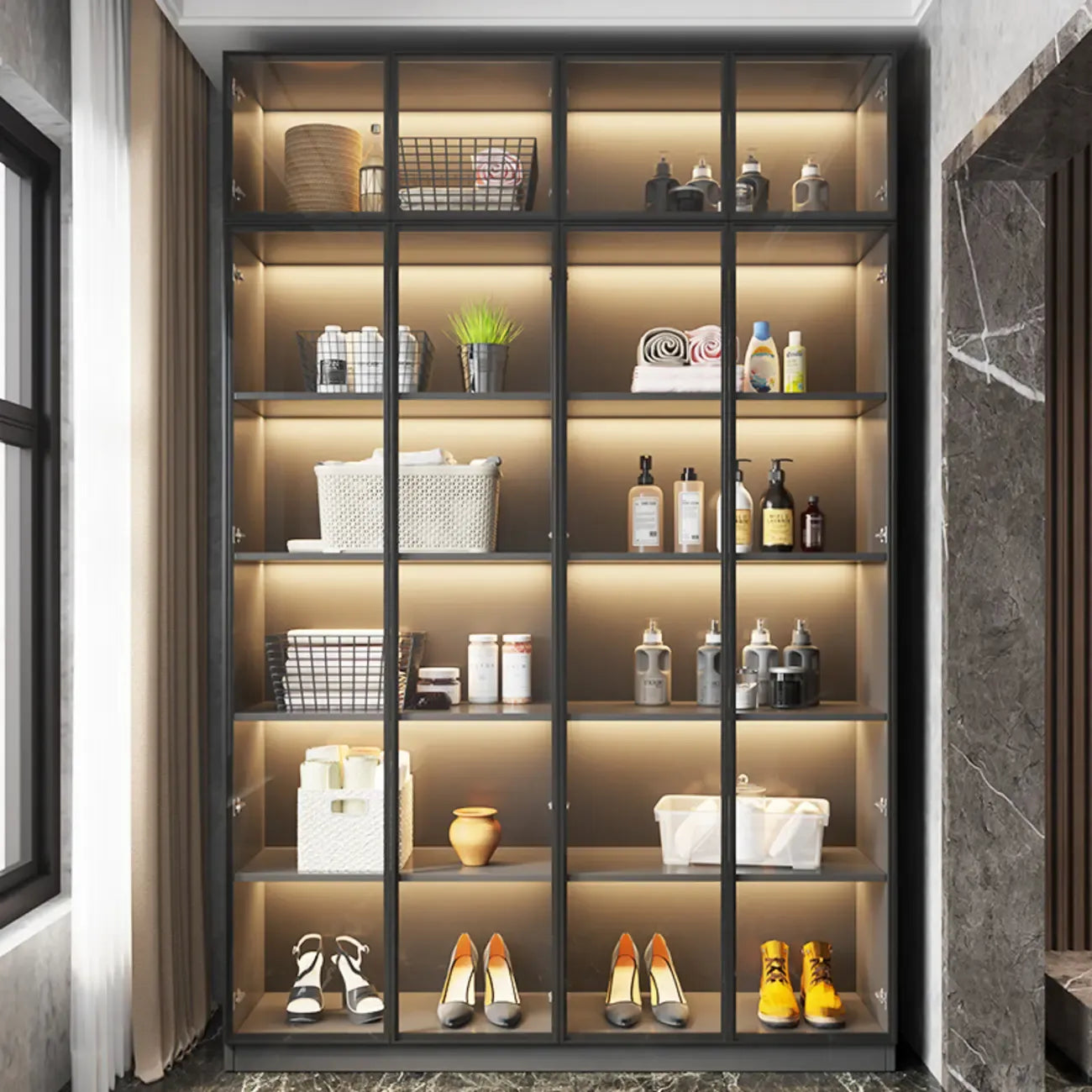 Vitrine autoportante en bois gris et verre avec éclairage