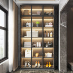 Vitrine autoportante en bois gris et verre avec éclairage