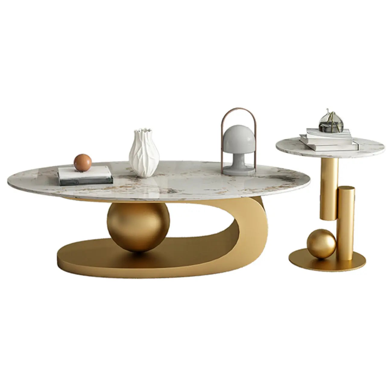 Table basse ovale blanche moderne et luxueuse avec piètement en métal