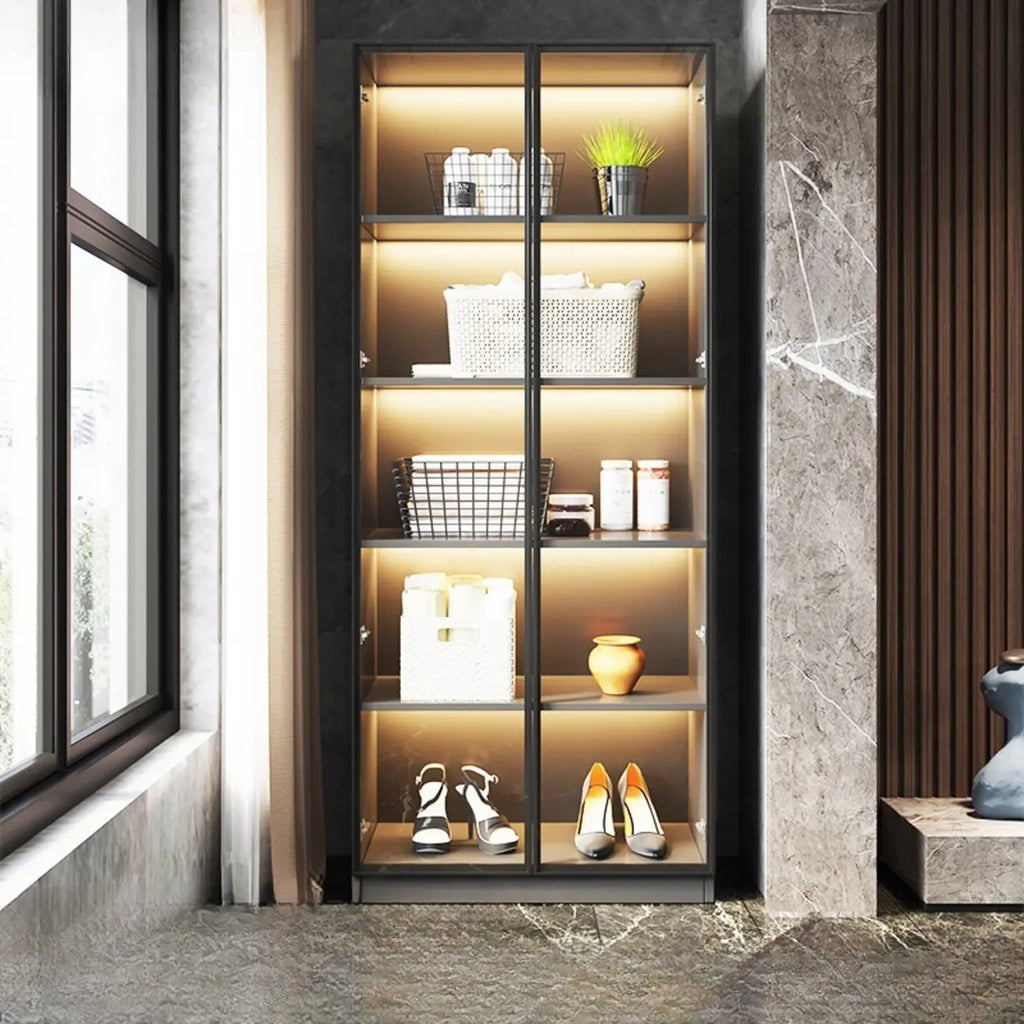 Vitrine autoportante en bois gris et verre avec éclairage