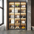 Vitrine autoportante en bois gris et verre avec éclairage