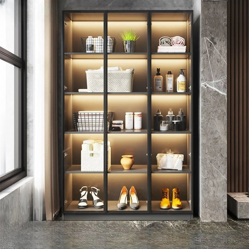 Vitrine autoportante en bois gris et verre avec éclairage