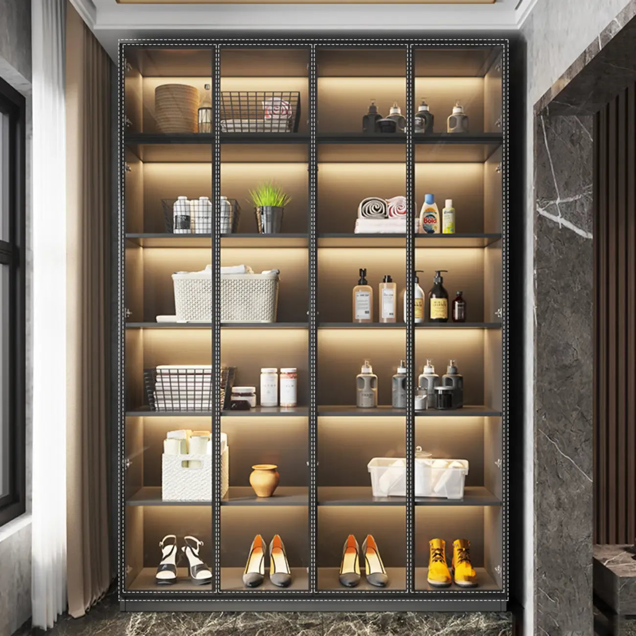 Vitrine autoportante en bois gris et verre avec éclairage