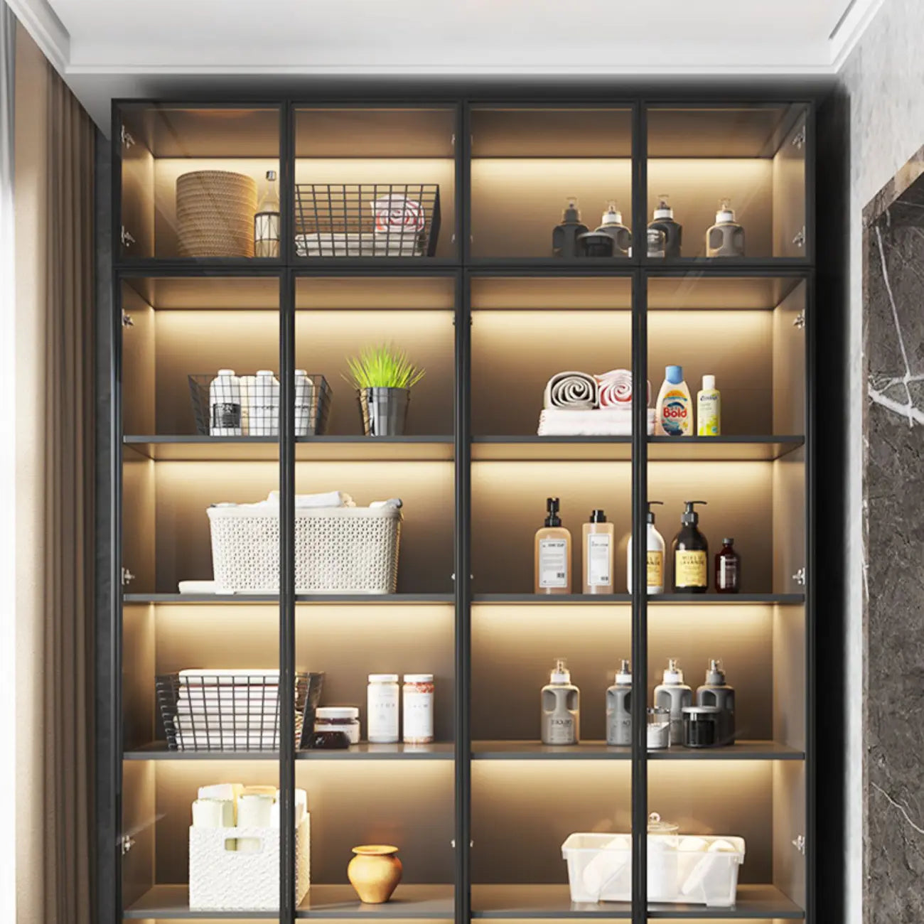 Vitrine autoportante en bois gris et verre avec éclairage