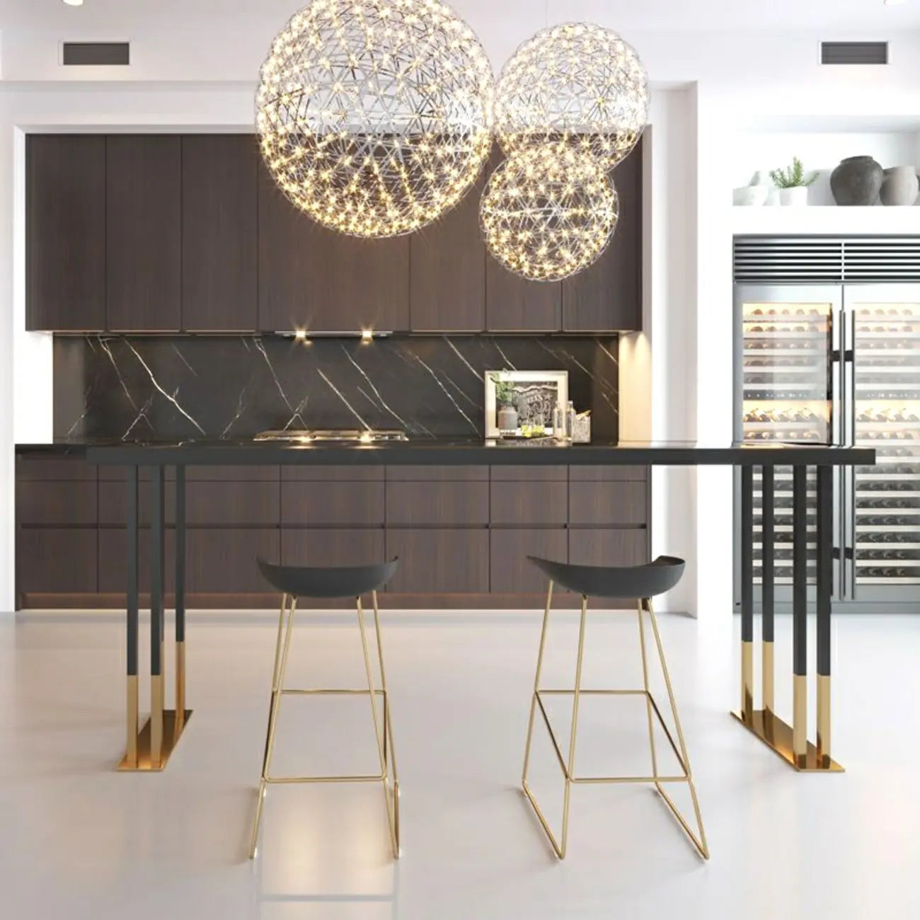 Table de bar de luxe en métal noir avec pieds dorés pour 8 personnes