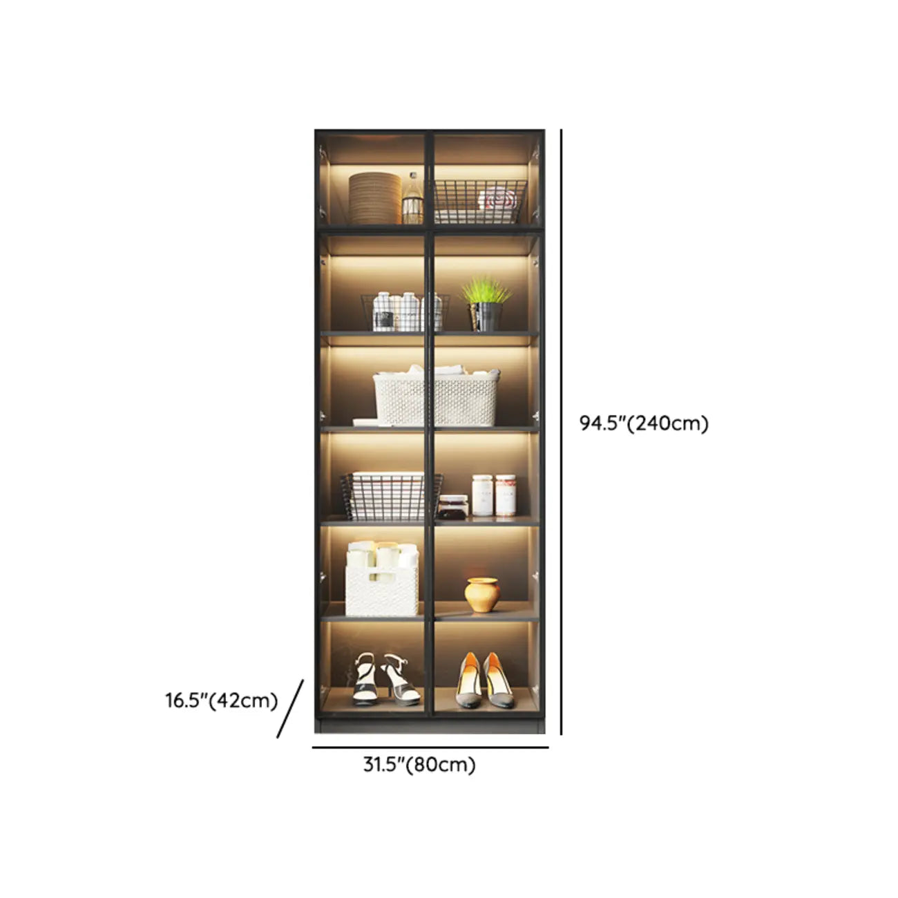 Vitrine autoportante en bois gris et verre avec éclairage