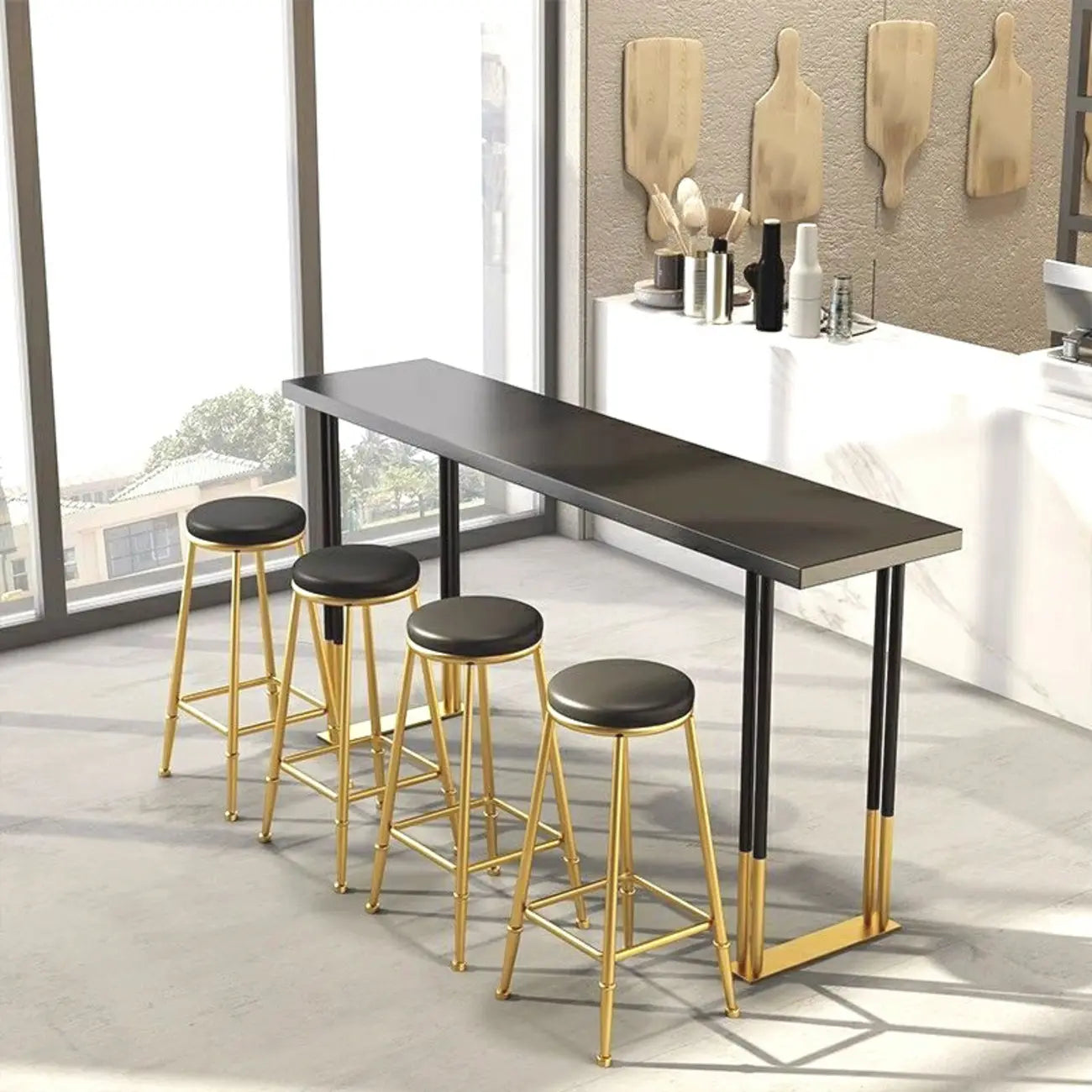 Table de bar de luxe en métal noir avec pieds dorés pour 8 personnes