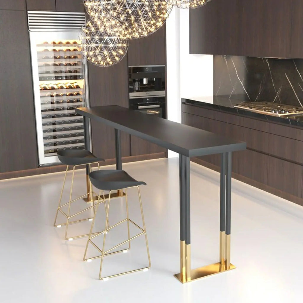Table de bar de luxe en métal noir avec pieds dorés pour 8 personnes