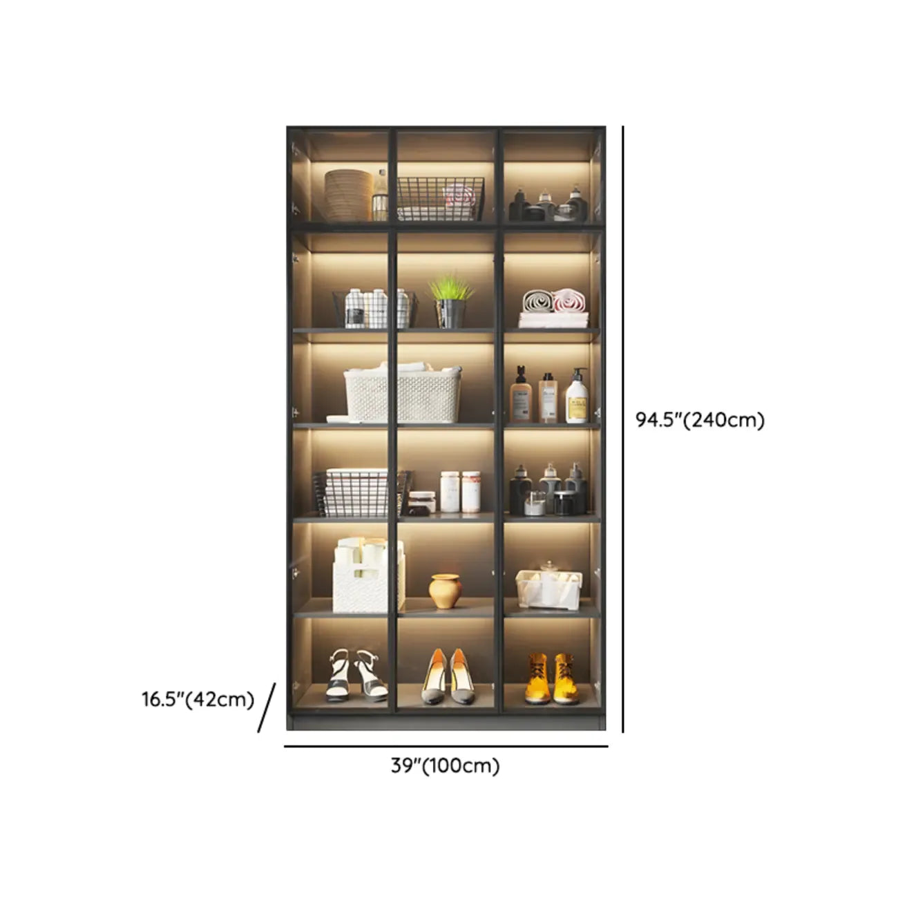 Vitrine autoportante en bois gris et verre avec éclairage