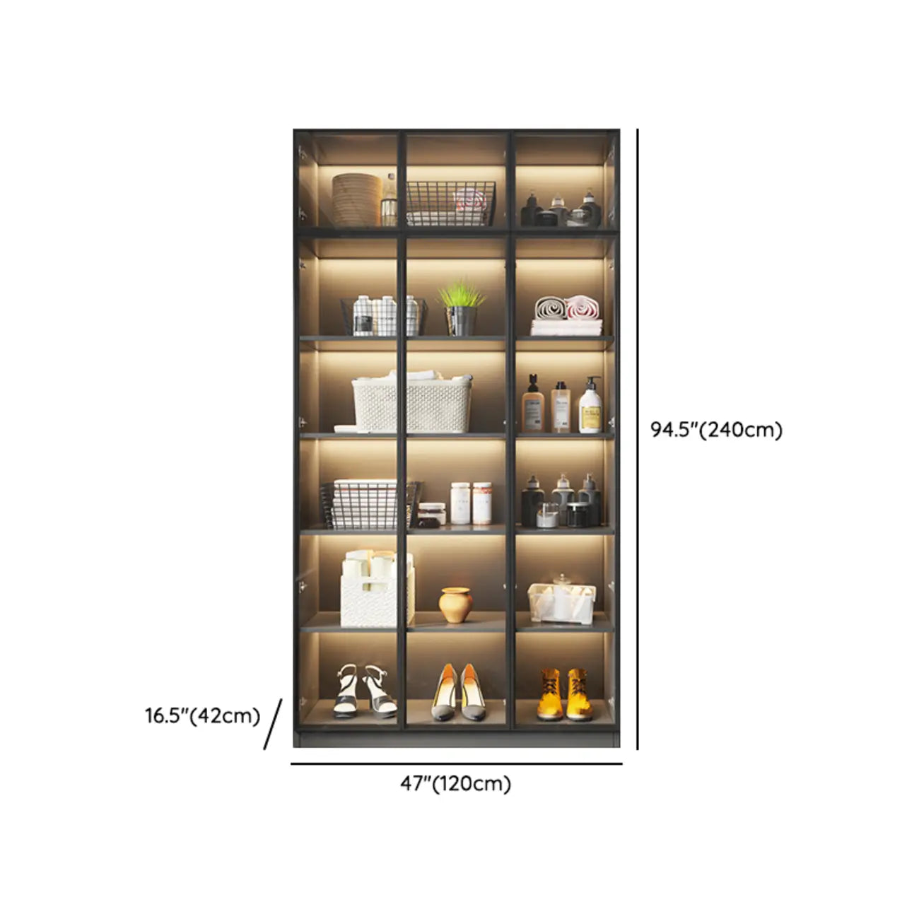 Vitrine autoportante en bois gris et verre avec éclairage
