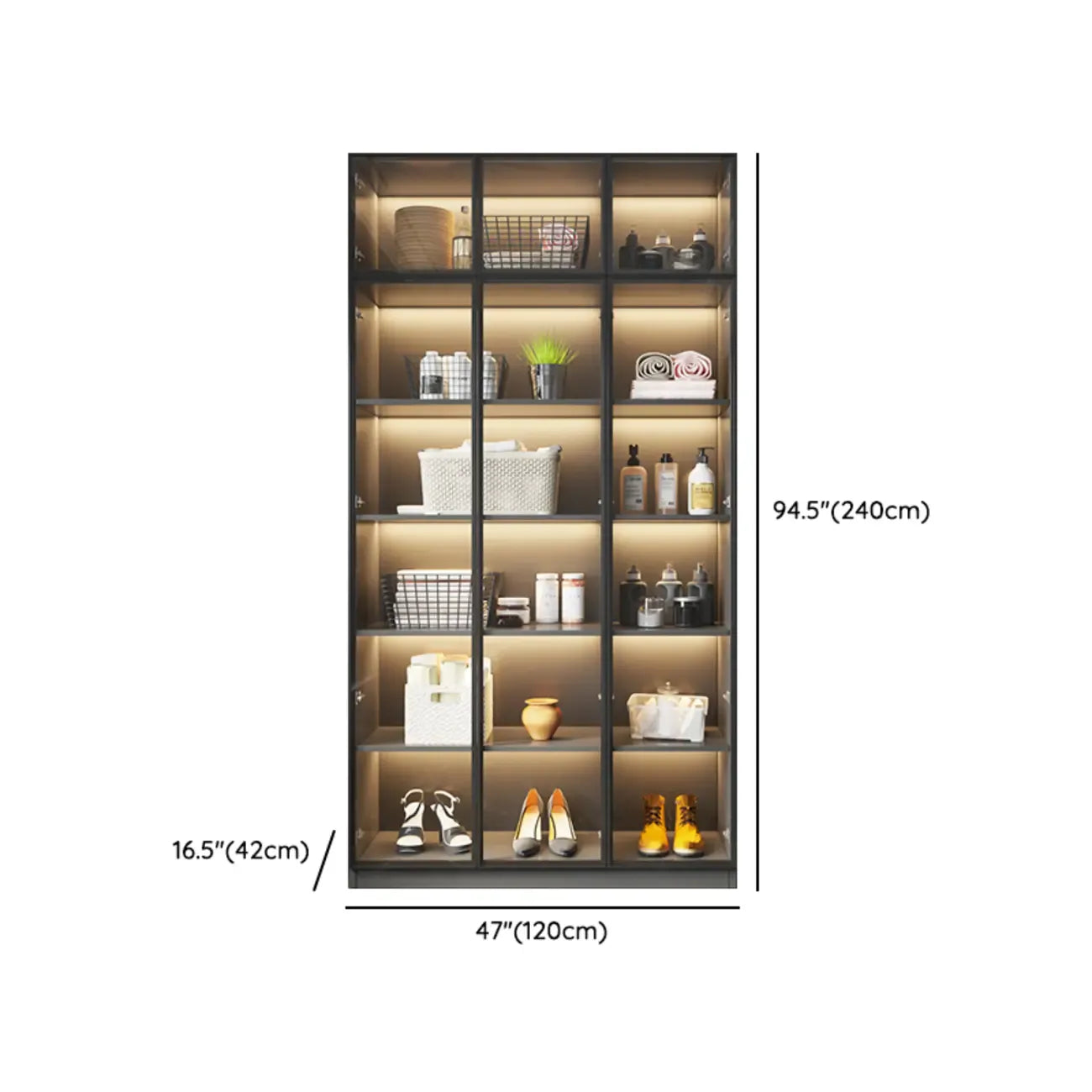 Vitrine autoportante en bois gris et verre avec éclairage
