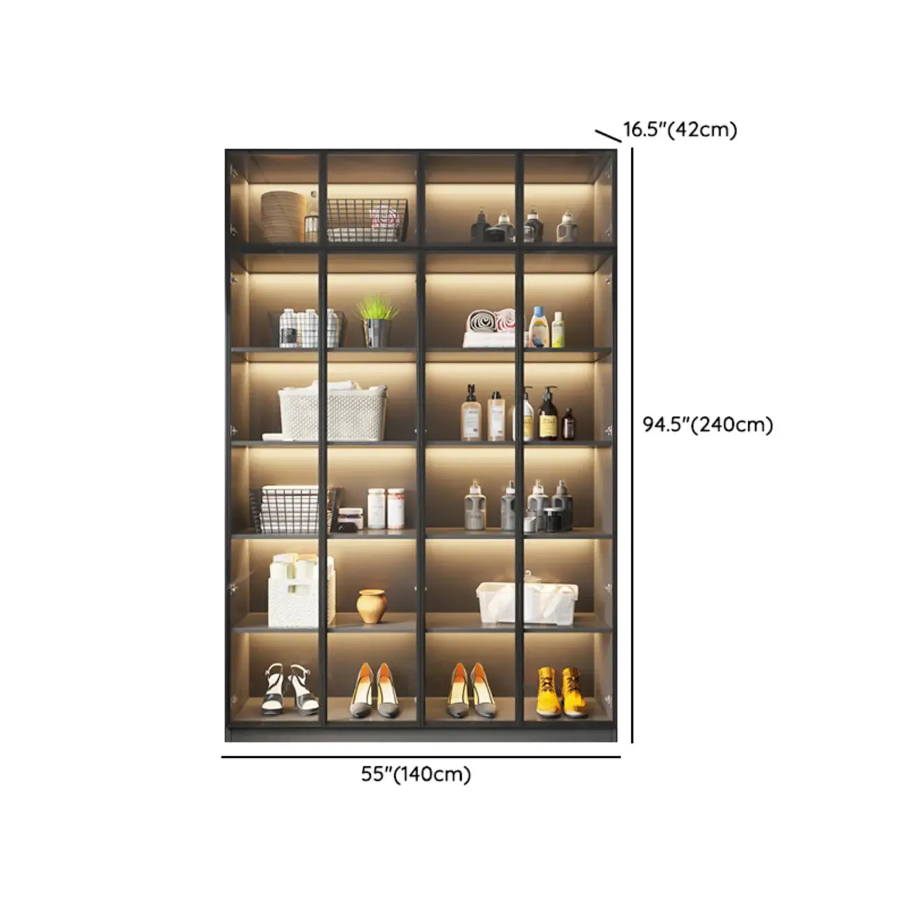 Vitrine autoportante en bois gris et verre avec éclairage