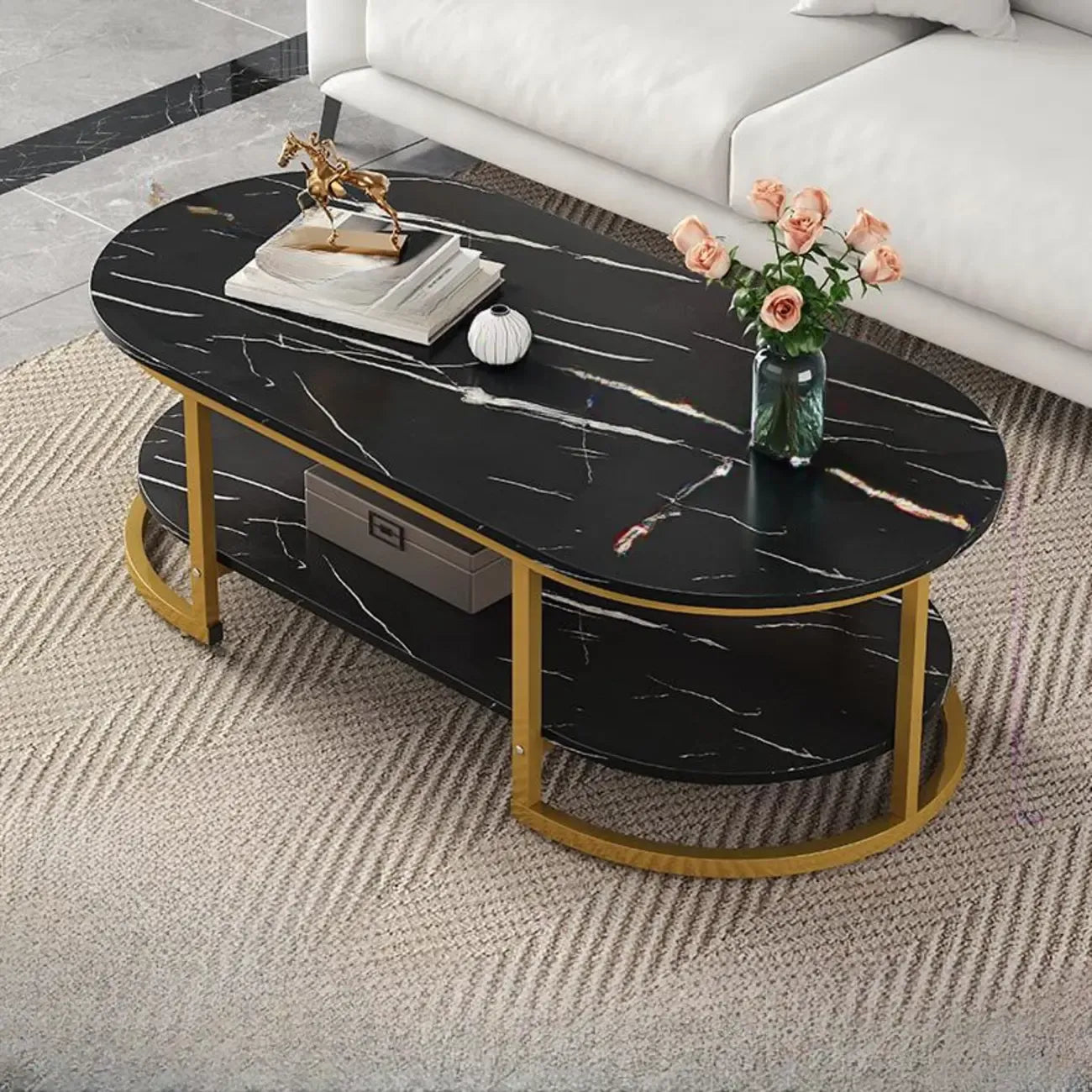 Table basse luge avec étagères ovales en bois blanc