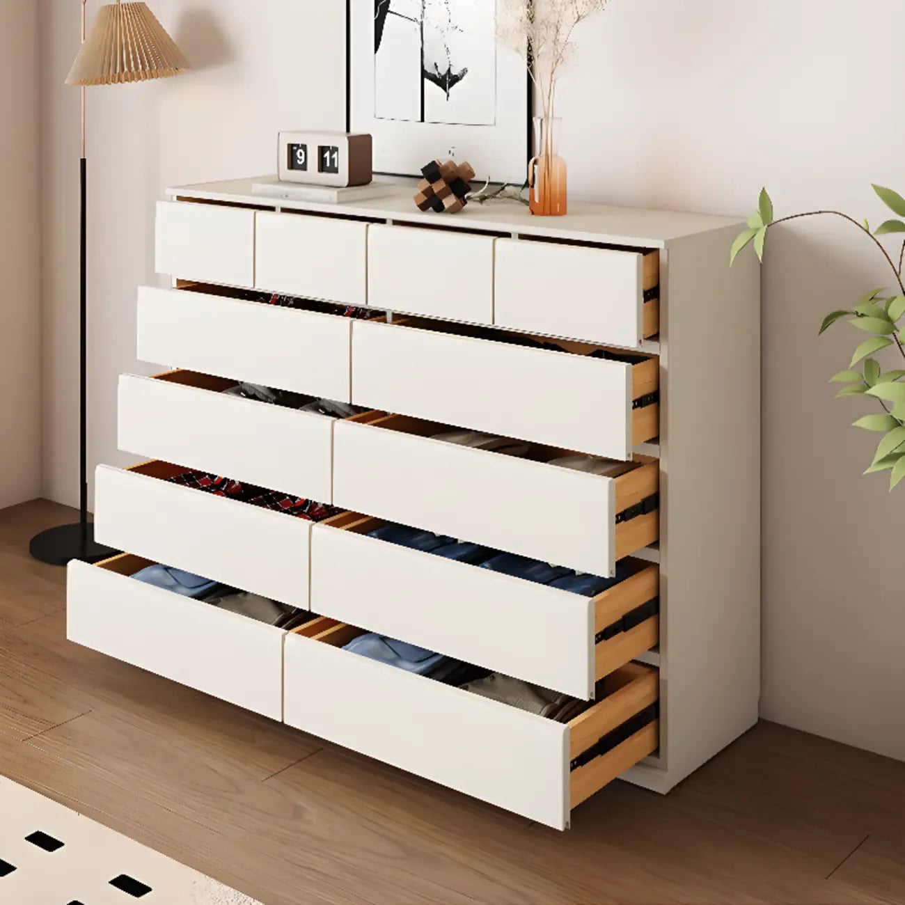 Commode double minimaliste en bois massif avec 10 tiroirs