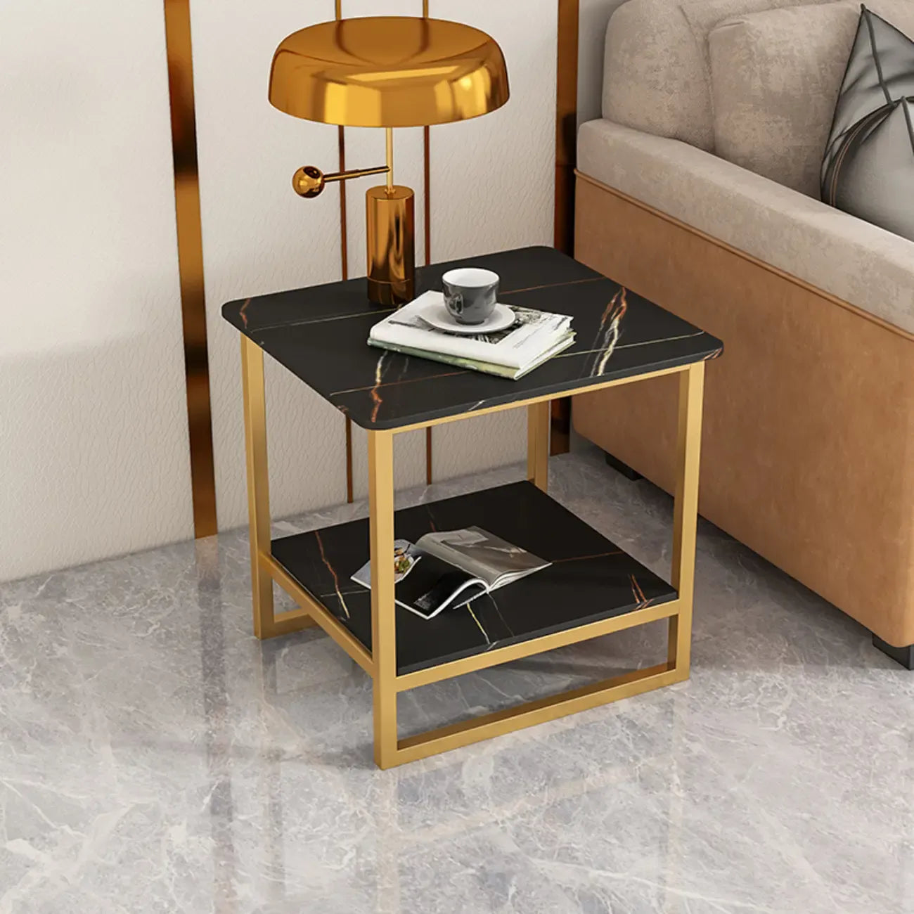 Table d'appoint glamour en marbre noir avec rangement pour salon