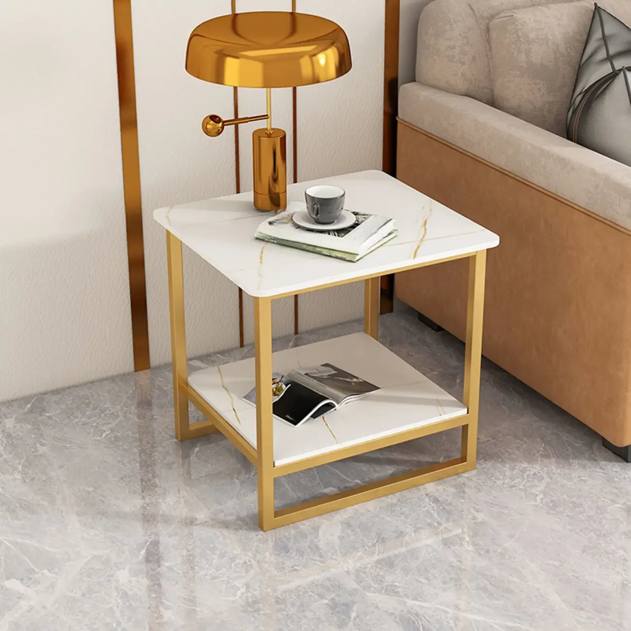Table d'appoint glamour en marbre noir avec rangement pour salon