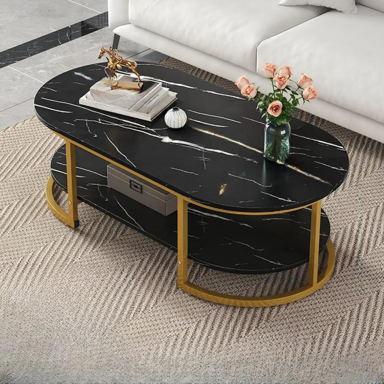 Table basse luge avec étagères ovales en bois blanc