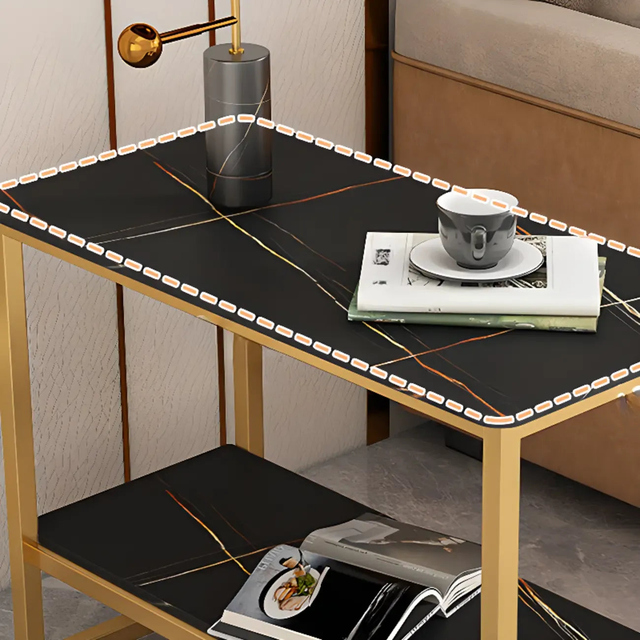 Table d'appoint glamour en marbre noir avec rangement pour salon