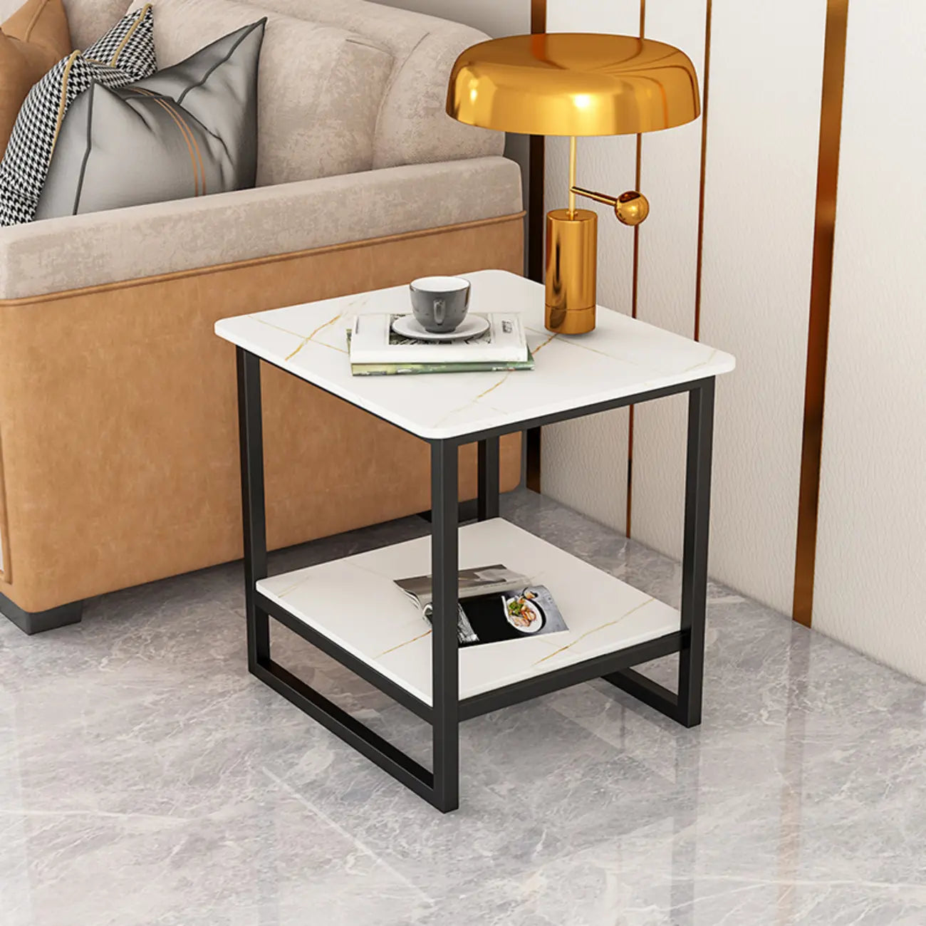 Table d'appoint glamour en marbre noir avec rangement pour salon