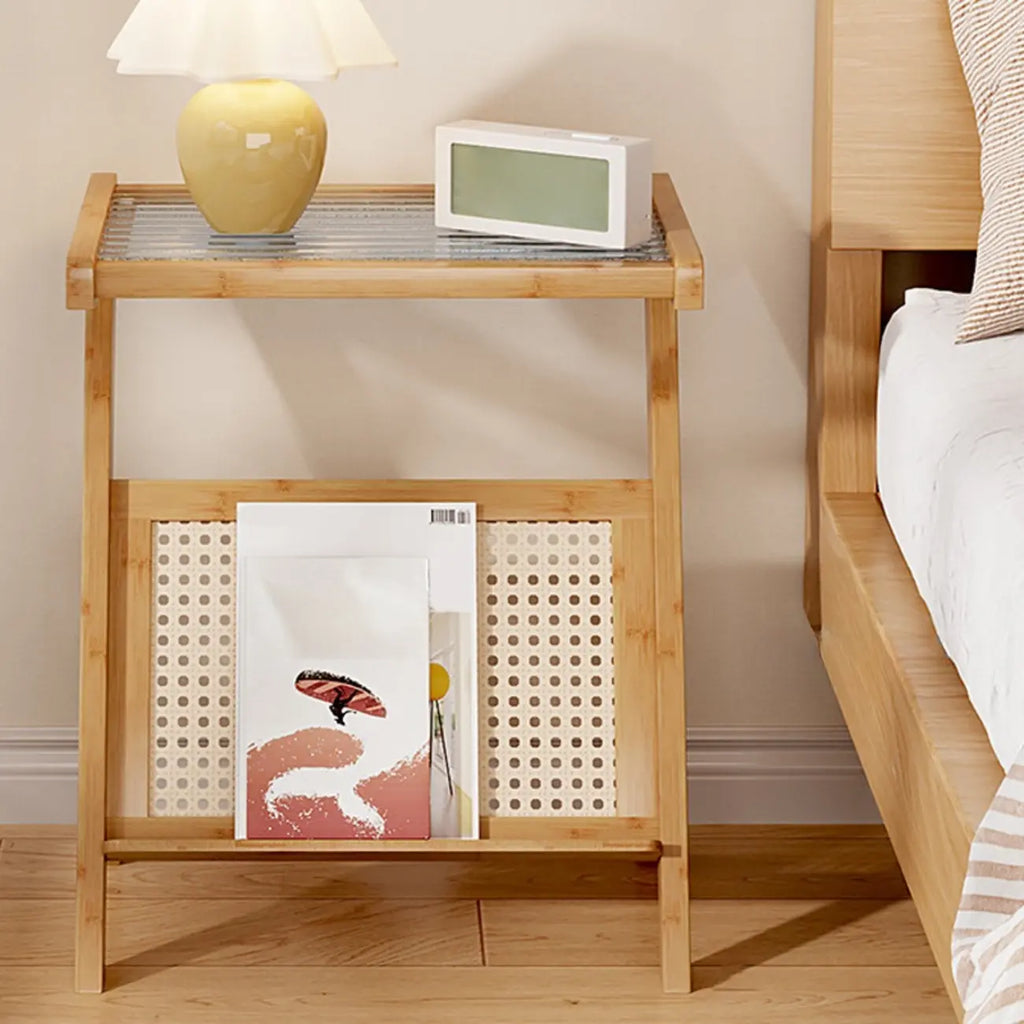 Table d'appoint avec plateau en verre et porte-revues pour salon