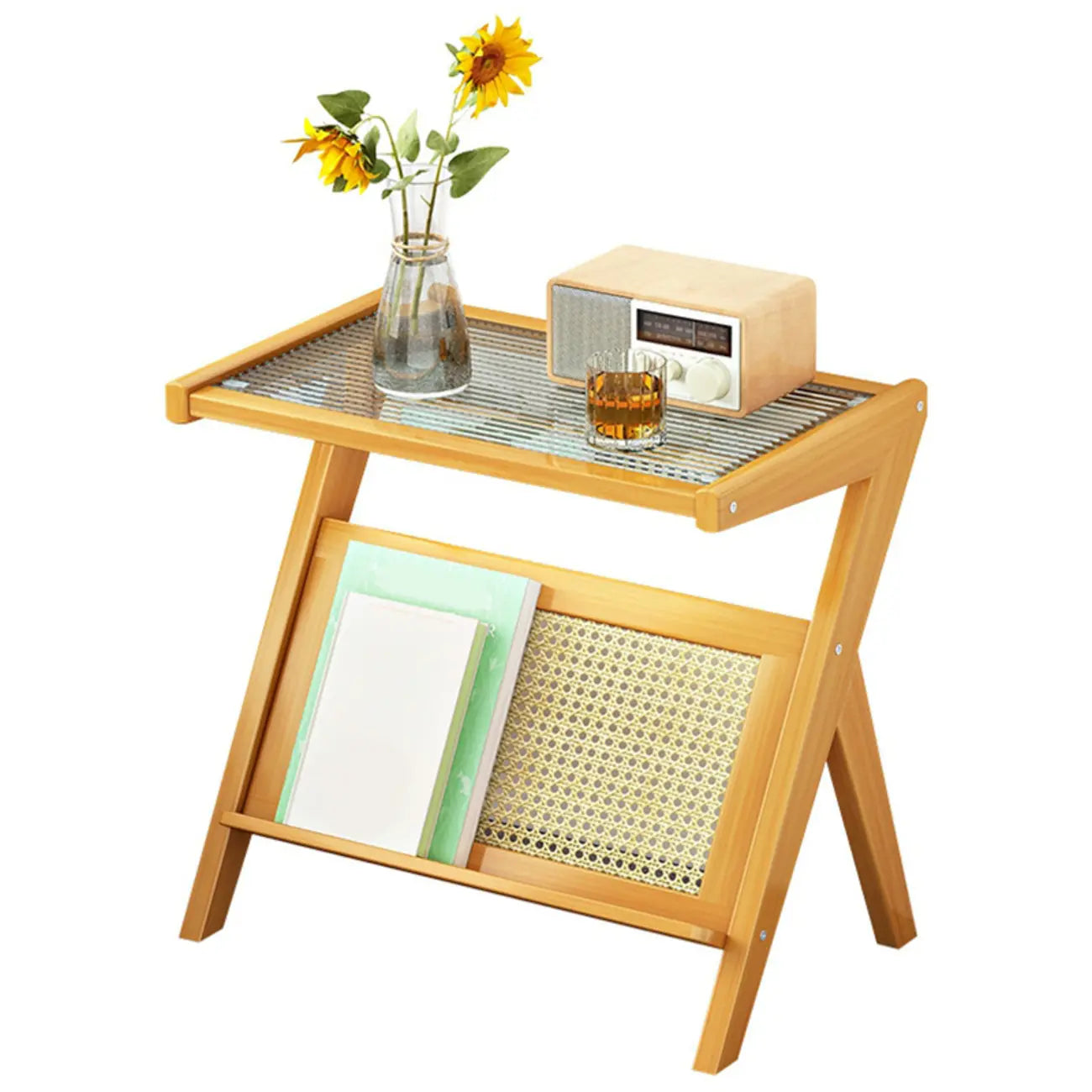 Table d'appoint avec plateau en verre et porte-revues pour salon