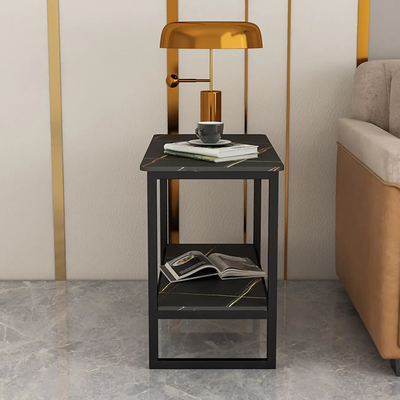 Table d'appoint glamour en marbre noir avec rangement pour salon